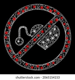 Illuminated wire frame forbidden pacemaker with light spots. Vector frame based on forbidden pacemaker icon, and from crossing lines. Illuminated frame mesh forbidden pacemaker on a black background.