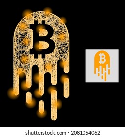 Illuminated wire frame melting bitcoin with light spots on a black background. Light vector mesh based on melting bitcoin symbol, with irregular mesh and light spots.
