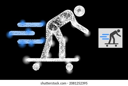 Illuminated wire frame scate roller man with light spots on a black background. Light vector constellation is based on scate roller man glyph, with linear network and light dots.