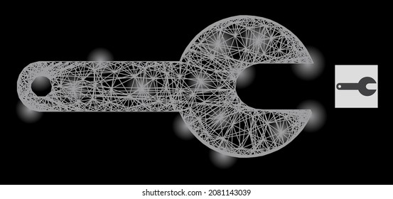 Herramienta de intercalación del bastidor de alambre iluminada con manchas luminosas sobre un fondo negro. Estructura vectorial de luz basada en el icono de la herramienta de spanner, con red intersectada y puntos de luz.