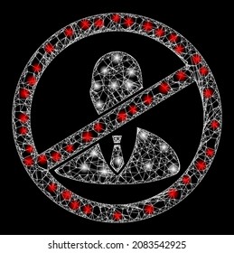 Mando de tope del bastidor de alambre iluminado con manchas brillantes. Marco vectorial basado en el icono del patrón de detención y en las líneas interseccionadas. La malla de la canal iluminada detiene al jefe sobre un fondo negro.