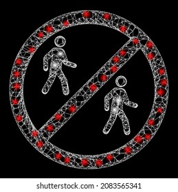 Illuminated wire frame stop pedestrian men with glowing spots. Vector frame based on stop pedestrian men icon, and from intersected lines. Glossy frame mesh stop pedestrian men on a black background.