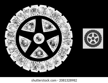 Illuminated wire frame tire wheel with light spots on a black background. Light vector model based on tire wheel picture, with irregular network and light spots.