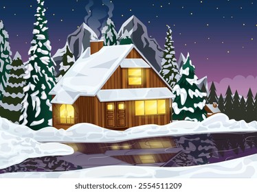 Illuminated Wooden Cabin with Chimney in Snowy Forest Near the Lake and Mountains at Night - Winter Landscape Detailed Illustration