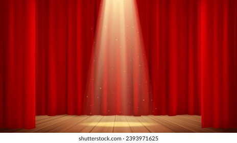 Illuminated wooden theater stage interior with red curtain. Opera presentation, velvet scene. Place for drama decoration. Show performance. Backstage concept. Vector illustration