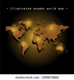 Illuminated wooden world map. World map vector. World map vector. Vector world map template for website, infographics, printed products. Geography Illustration.