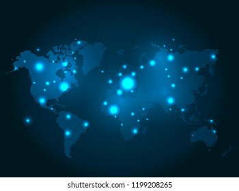 Illuminated world map with glowing dots vector on dark blue. Futuristic illumination of Earth continents, worldwide connection and globalization concept