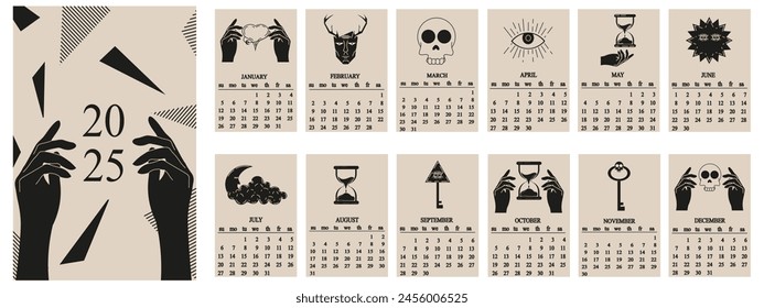Illuminati 2025 Calendar Design with 12 sheets isolated white background. Template 2025 Calender in modern Geometric style. Mason element Annual Schedule. Magic Y2K Minimalism vector aesthetic 