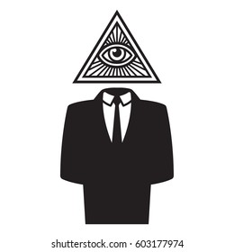 Illuminati Conspiracy Theory Illustration. Man In Black Business Suit With All Seeing Eye In Triangle Symbol.