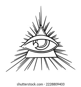 Illuminati eye of free mason secret society. Tarot all seeing third eye in triangle with rays. Vector illustration isolated in white background