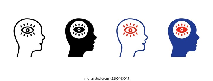 Illuminati Eye in Human Brain Silhouette and Line Icon. 