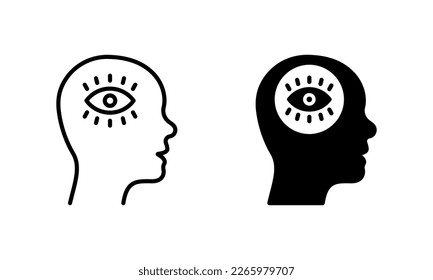 Illuminati Eye in Human Brain Silhouette and Line Icon Set. Khamsa Providence Pictogram. Egypt Amulet Think Energy. Fatima Hamsa. Intelligent Solution. Editable Stroke. Isolated Vector Illustration.