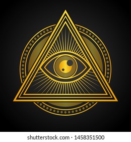 Illuminati Eye Icon. Conspiracy Symbol. Logotype Eye All See. Flat Golden Icon.