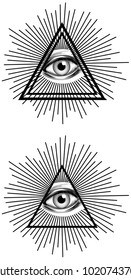 Illuminati eye with pyramid and rays of light for secret society conspiracy theory