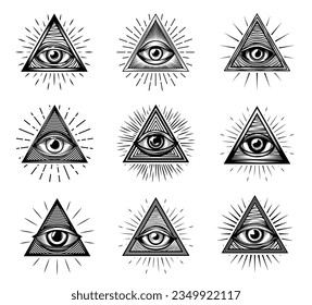 Illuminati eyes with mason pyramids. Triangle providence symbols with all seeing eye of God and glory light . Vector engraving tattoo, occult, esoteric religion and alchemy magic amulets