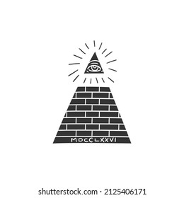 Illuminati Icon Silhouette Illustration. Masonic Eye Pyramid Vector Graphic Pictogram Symbol Clip Art. Doodle Sketch Black Sign.