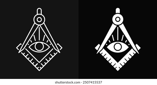 Illuminati logo on black background. White line masonic third eye icon. All-seeing eye inside triangle divider and pyramid illustration. Eye of providence sign. Conspiracy theory isolated concept.
