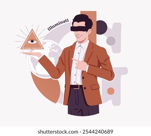 Illuminati homem de segredo especial conhecimento religioso segurando Olho da Providência, sociedade de maçonaria, design moderno para revista de arte, blog, propaganda gráfica, ilustração de mídia social digital