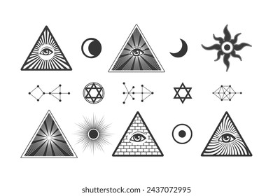 Illuminati occult symbols set, freemasons all-seeing eye pyramid, vector elements isolate on white.