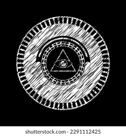illuminati pyramid icon drawn chalk emblem, retro style, chalk or chalkboard texture. 