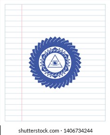 illuminati pyramid icon emblem drawn with pen. Blue ink. Vector Illustration. Detailed.
