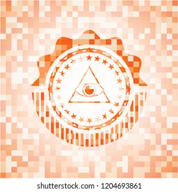 illuminati pyramid icon inside abstract emblem, orange mosaic background