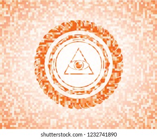 illuminati pyramid icon inside abstract emblem, orange mosaic background