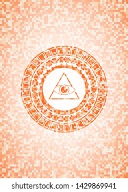 illuminati pyramid icon inside abstract emblem, orange mosaic background