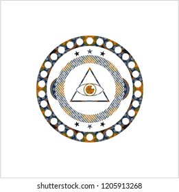 illuminati pyramid icon inside arabesque badge background. arabic decoration.