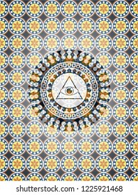 illuminati pyramid icon inside arabesque emblem. arabic decoration.