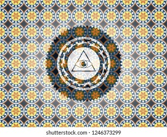 illuminati pyramid icon inside arabesque emblem. arabic decoration.