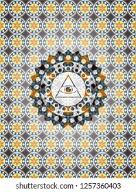 illuminati pyramid icon inside arabesque style badge. arabic decoration.