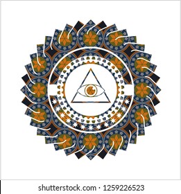 illuminati pyramid icon inside arabesque badge. arabic decoration.