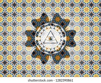 illuminati pyramid icon inside arabesque style emblem. arabic decoration.