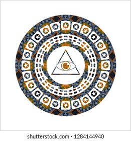 illuminati pyramid icon inside arabesque badge background. arabic decoration.