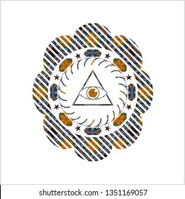 illuminati pyramid icon inside arabesque style badge. arabic decoration.