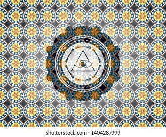 illuminati pyramid icon inside arabesque badge background. arabic decoration.