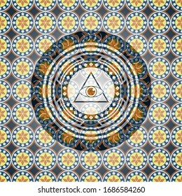 illuminati pyramid icon inside arabesque badge background. arabic decoration.
