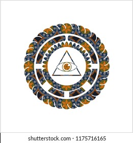 illuminati pyramid icon inside arabic style badge. Arabesque decoration.
