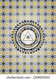 illuminati pyramid icon inside arabic style emblem. Arabesque decoration.