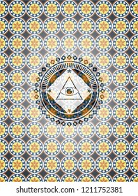 illuminati pyramid icon inside arabic badge. Arabesque decoration.