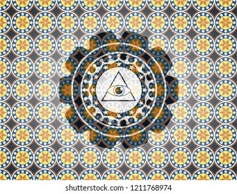 illuminati pyramid icon inside arabic style badge. Arabesque decoration.
