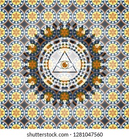 illuminati pyramid icon inside arabic badge. Arabesque decoration.