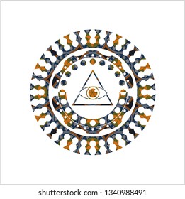illuminati pyramid icon inside arabic style badge. Arabesque decoration.