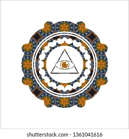 illuminati pyramid icon inside arabic emblem background. Arabesque decoration.