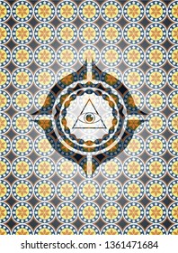 illuminati pyramid icon inside arabic style emblem. Arabesque decoration.