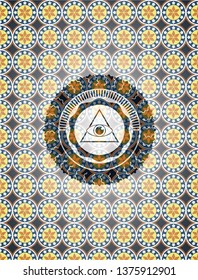 illuminati pyramid icon inside arabic badge. Arabesque decoration.