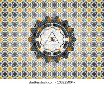 illuminati pyramid icon inside arabic style badge. Arabesque decoration.