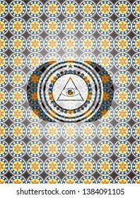 illuminati pyramid icon inside arabic badge background. Arabesque decoration.