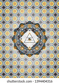 illuminati pyramid icon inside arabic style emblem. Arabesque decoration.
